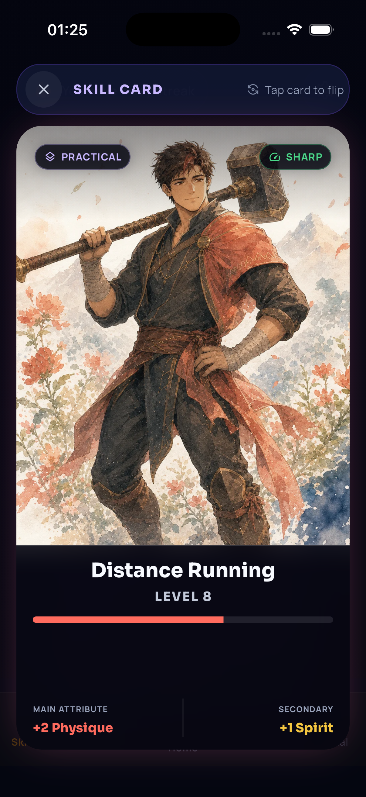 Current Ascend Skill Card detail with level, progress, attributes, and readiness