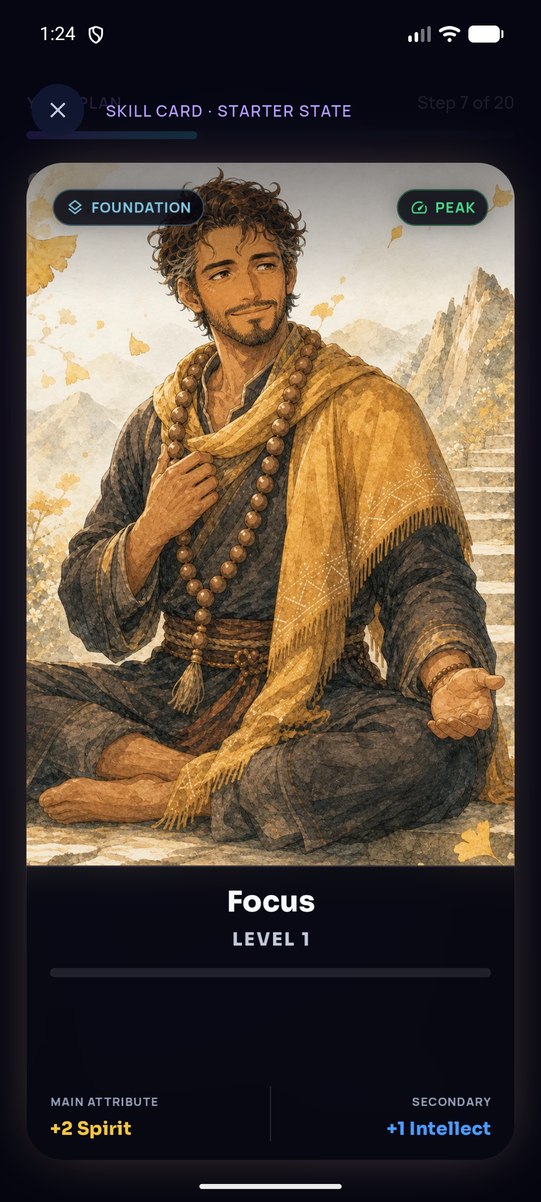 Current Ascend starter Skill Card with level, attributes, and readiness state
