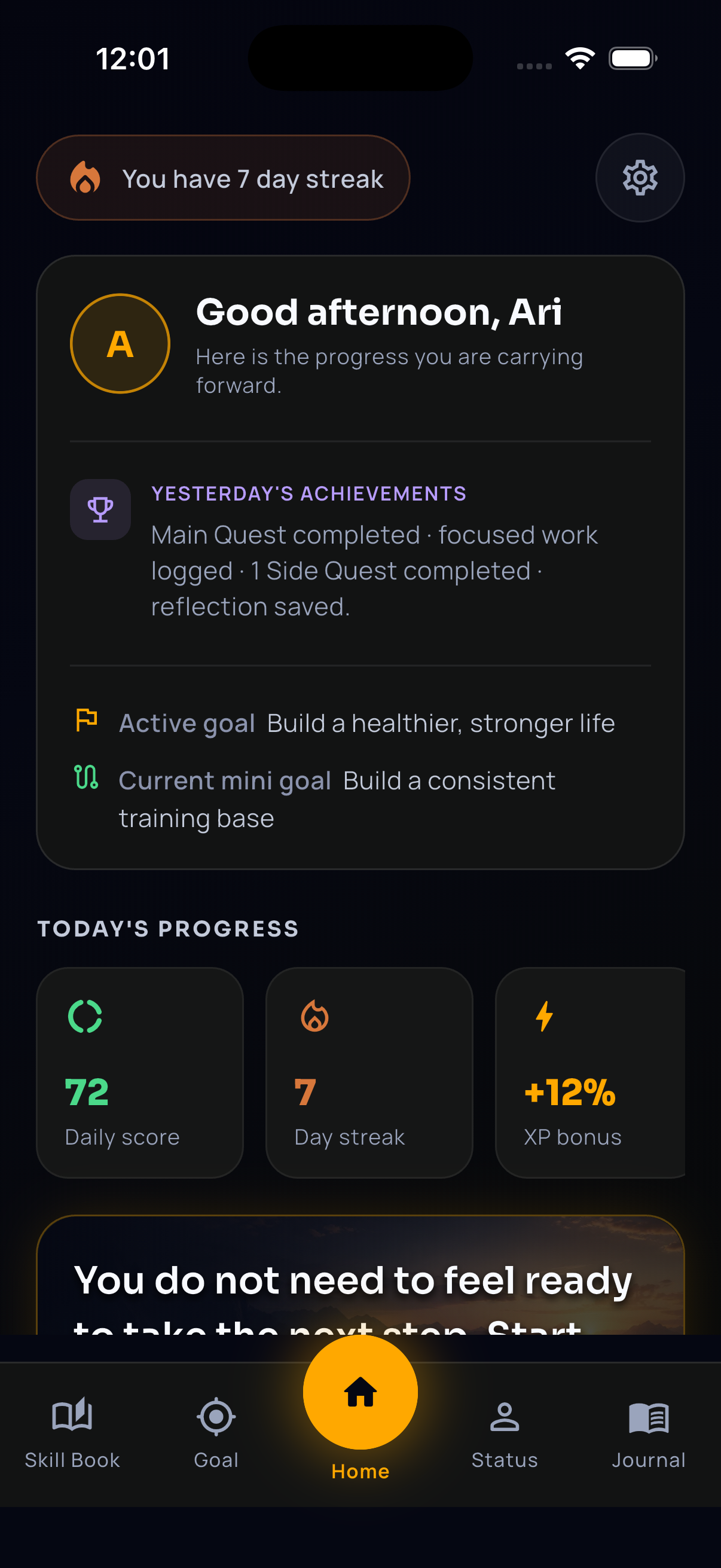 Current Ascend Home screen showing yesterday's achievements, daily score, streak, and XP bonus with fictional demo data